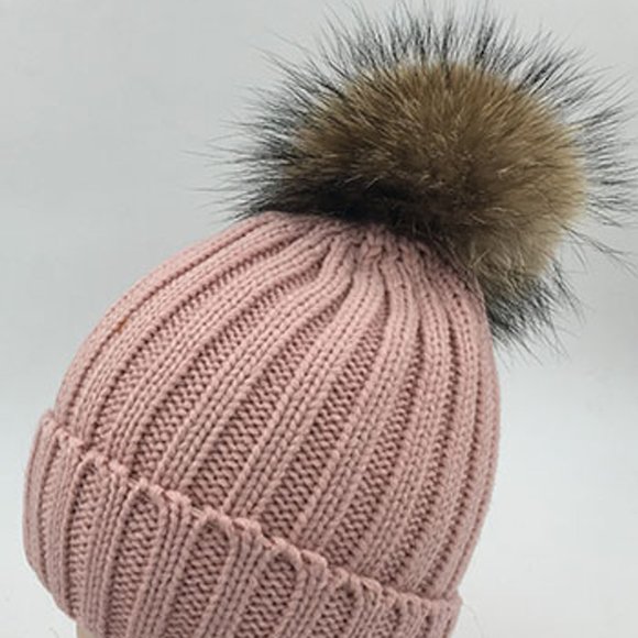 Knit Beanie Hat with Real Fox Fur Pom - Picture 1 of 2